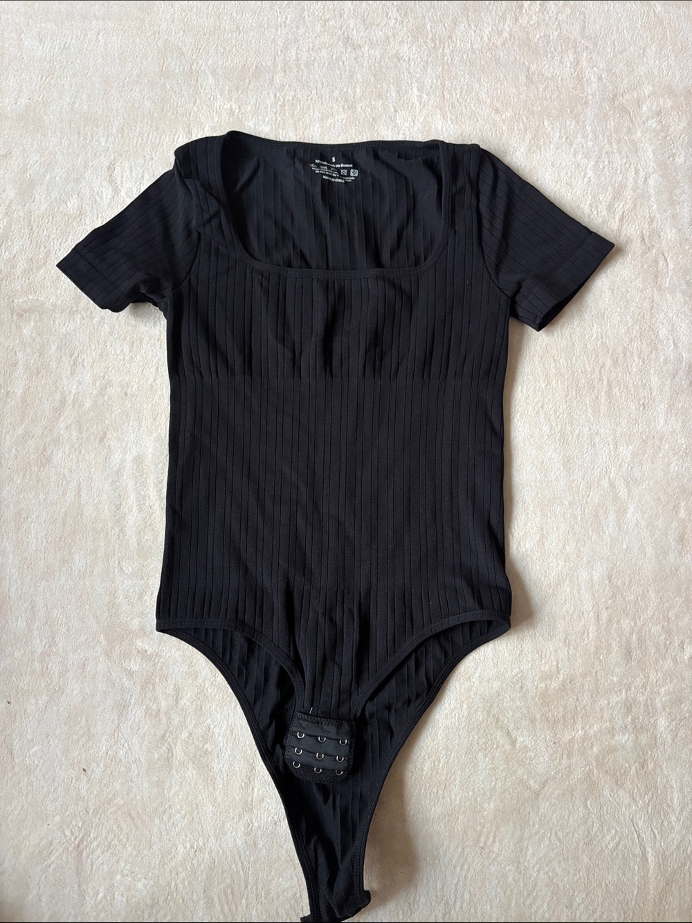 Women’s Black Ribbed Short-Sleeve Bodysuit with Square Neck